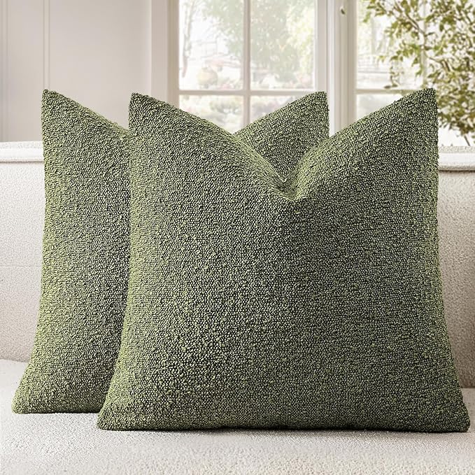 Woaboy Pack of 2 18x18 Inch Decorative Boucle Throw Pillow Covers Textured Square Pillowcaes Accent Solid Cozy Soft Cushion Covers Home Decor for Sofa Couch Living Room Home Decor,Olive Green