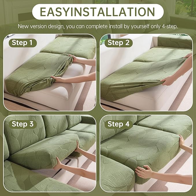 Couch Covers for Sectional Sofa, Washable Stretch Soft Sofa Cushion Covers L Shape Sofa Slipcovers Anti Slip Furniture Decor Protector for Pets (3 Seaters Covers+1 Chaise Cover,Green)