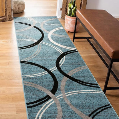 Rugshop Modern Wavy Circles Design Runner Rug, Fade-Resistant Carpet for Hallway, Mudroom, or Kitchen, Blue, 2' x 10'
