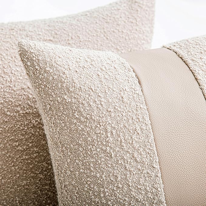 18"x18" Oatmeal Boucle Throw Pillow Covers with Faux Leather Accents Set of 2 Fluffy Textured Decorative Pillow Cases for Couch Bed Boho Farmhouse Square Cushion Covers for Nordic Home Décor