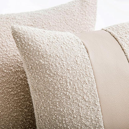 24"x24" Oatmeal Boucle Pillow Covers with Faux Leather Accents Set of 2 Fluffy Textured Decorative Throw Pillow Cases for Couch Bed Boho Farmhouse Square Cushion Covers for Home Décor