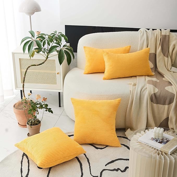 Home Brilliant 12 x 20 Fall Pillow Covers Set of 2 Plush Striped Corduroy Velvet Rectangular Throw Pillow Covers for Chair Couch Winter Decor Lumbar Pillows, 12 x 20 inch, Sunflower Yellow