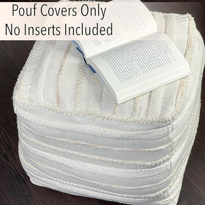 Chardin home Unstuffed Ottoman, Cozy & Bohemian Pouf Covers, Hand Crafted Casual Seating, Footrest, Square Floor Pillow for Home, Office, Bedroom, Living Room, 16 x 16 x16 Inch., Ivory-Beige.