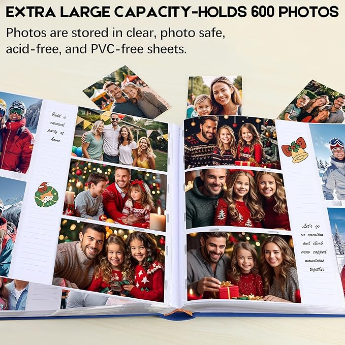 Photo Album 4x6 600 Photos with Writing Space,4 x 6 Photo Book Linen Cover with Front Window, 4x6 Picture Album, 600 Photos Photo Album Book for Wedding Kids Travel Family Baby Pictures (Blue)