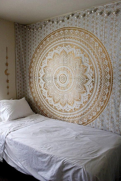 raajsee Glittering Gold Tapestry Wall Hanging Mandala- Indian Cotton Throw Hippie Tapestries - Boho Bedding White Golden Queen Bedspread 82x92 inches-Meditation Yoga Rugs Mats