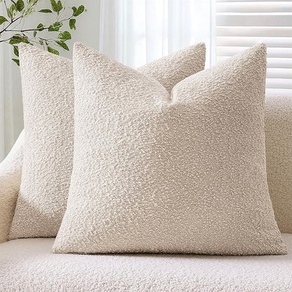 ANRODUO Pack of 2 Textured Boucle Throw Pillow Covers Soft Beige Euro Decorative Accent Solid Pillow Cases Cozy Modern Couch Cushion Case for Chair Sofa Bedroom Living Room Home Decor, 26 x 26 Inch