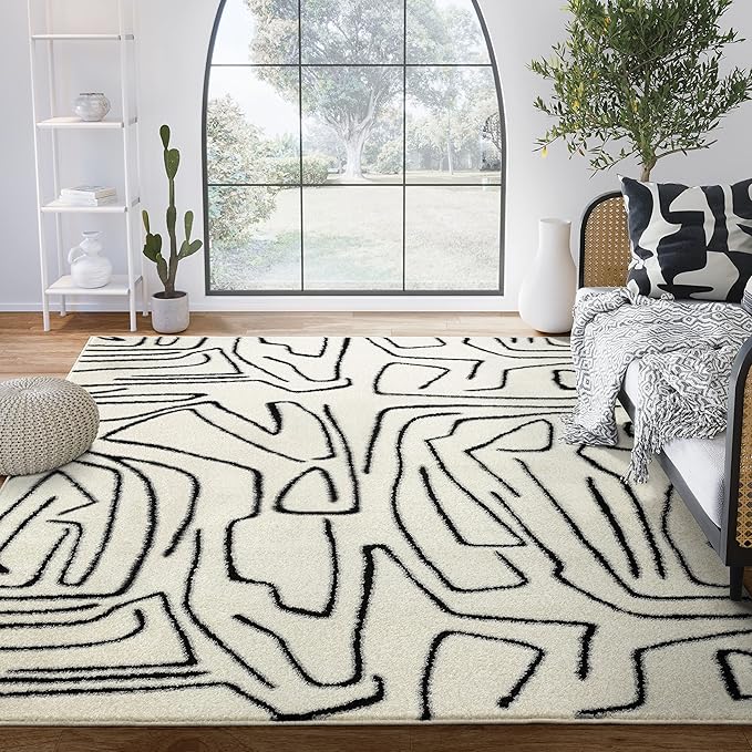 Abani Abstract Beige/Black Area Rug - 5'x8' - Modern Animal/Natural Lines Design - Deco Collection - Easy to Clean - Durable for High Traffic Areas - Bedroom, Office & Kitchen - Medium Pile