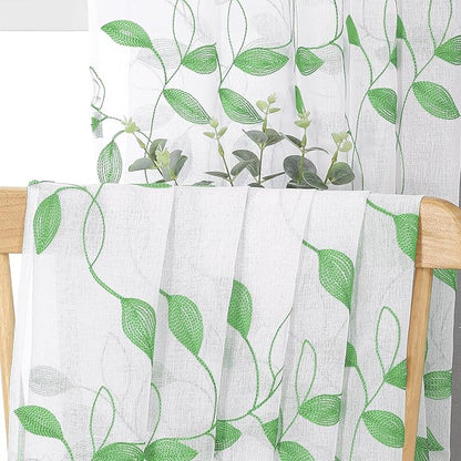 Tollpiz Green Leaf Sheer Curtain Leaves Embroidered Bedroom Short Curtains Rod Pocket Voile Window Treatments for Living Room, 38 x 45 inches Long, Set of 2 Panels