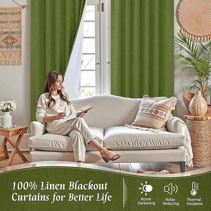LAMIT Olive Green 100% Blackout Linen Curtains, 84 Inch Linen Textured Living Room Bedroom Drapes Room Darkening Back Tab and Rod Pocket Christmas Panels with White Liner, 2 Panels, 60 x 84 Inch