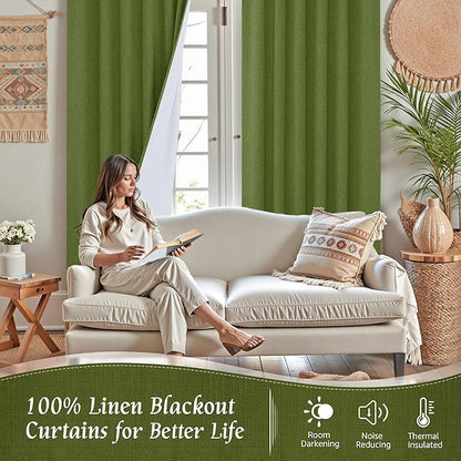 LAMIT 100% Blackout Olive Green Linen Curtains, 63 Inches Linen Textured Thermal Bedroom Drapes Back Tab and Rod Pocket Christmas Panels with White Liner for Living Room, 2 Panels, 52 x 63 Inch