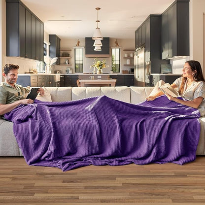 Bedsure Gentlesoft 100% Cotton Blanket Queen Size for Bed - Breathable and Soft, Thick Cozy Waffle Weave Christmas Blanket Gift for Women, Purple, 90x90 Inches