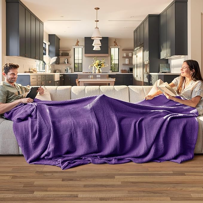 Bedsure Gentlesoft 100% Cotton Blanket King Size for Bed - Breathable and Soft, Thick Cozy Waffle Weave Christmas Blanket Gift for Women, Purple, 104x90 inches