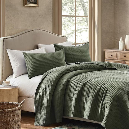 WDCOZY 100% Cotton Oversized King Size Quilt Set - Olive Green California Cal King Striped Pick Stitch Soft Lightweight Bedspread, Textured Like Linen, Farmhouse Country Rustic Coverlet, 3 Pieces