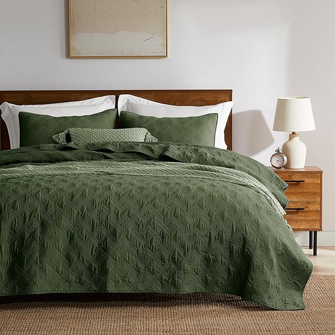 WDCOZY 100% Cotton King Size Quilt Set - Olive Green Pre-Washed Soft Lightweight Modern Bedspread, Farmhouse Country Rustic Coverlet, Textured Like Linen, Shabby Chic Gauze Bedding, 3 Pieces