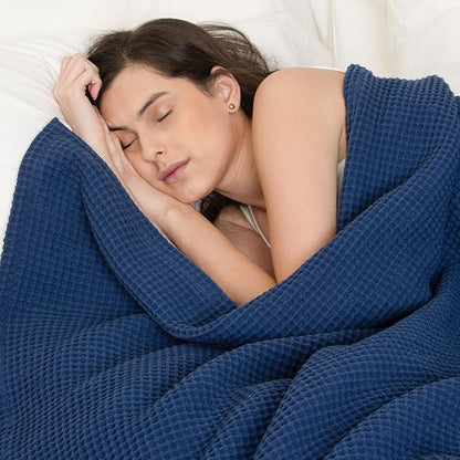 100% Cotton Waffle Blankets for Bed - Queen (90" x 90") Lightweight, Breathable and Soft, Waffle Weave Blanket for All-Season - Summer, Spring, Winter (Blue)