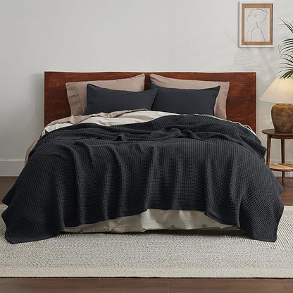 Bedsure Gentlesoft 100% Cotton Blanket King Size for Bed - Breathable and Soft, Thick Cozy Waffle Weave Christmas Blanket Gift for Women, Black, 104x90 inches