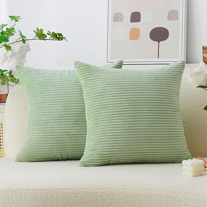 Home Brilliant Green Couch Spring Pillow Covers Super Soft Striped Corduroy Set of 2 Decorative Toss Pillow Cases for Bedding Living Room Decor, 55cm, 22 x 22 Inch, Sage Green