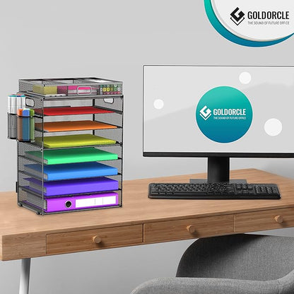 8 Tier Paper Letter Tray Organizer with Drawer & 2 Pen Holders, Mesh Desk File Holder Storage Organization for Home School Classroom & Office