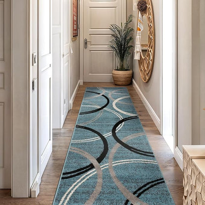 Rugshop Modern Wavy Circles Design Runner Rug, Fade-Resistant Carpet for Hallway, Mudroom, or Kitchen, Blue, 2' x 10'