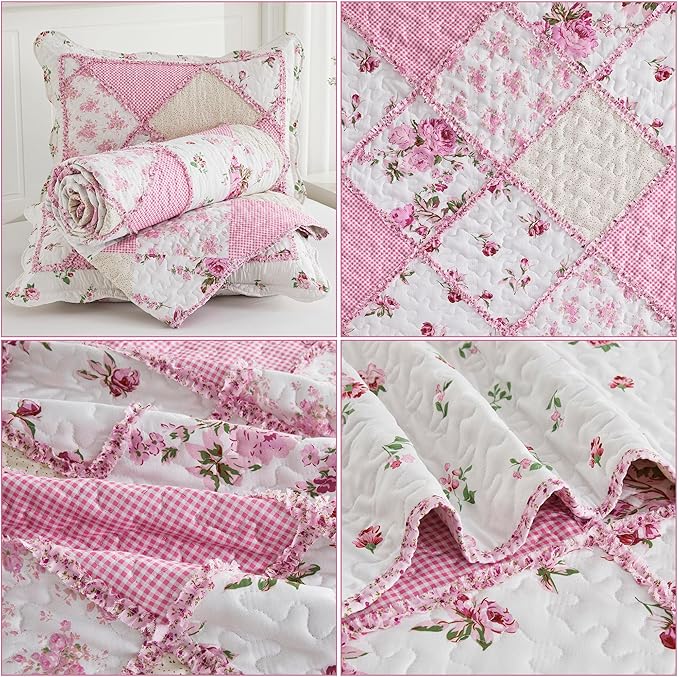 VIVILINEN Pink Patchwork Quilt Set Queen Size Reversible Quilted Bedspread Coverlet Set 3-Piece Floral Lightweight Comforter Stitched Bedding Set Bed Sheet Set Cover Blanket with 2 Pillow Shams