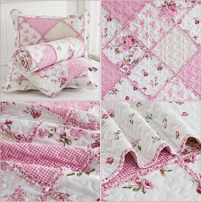 Oversized King Size Pink Floral Plaid Patchwork Quilt Set 128x120 Extra Wide Super King Size Reversible Quilted Bedspread Coverlet Set 3-Piece Comforter Bedding Set Bed Cover with 2 Pillow Shams