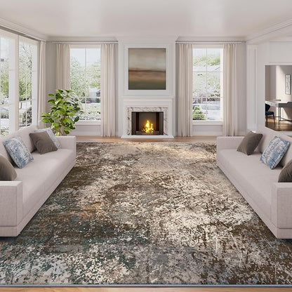 Arbosofe Modern Abstract Rug for Living Room, 8'x10' Washable Area Rug with Non-Slip Backing & Short Pile, Large Carpet with Abstract Pattern for Living Room Bedroom and Dining Floor Carpet Brown