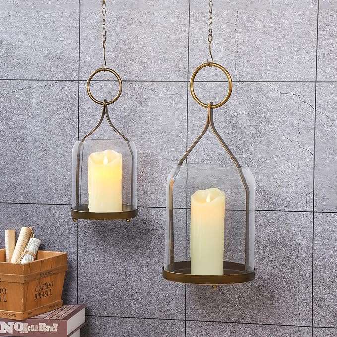 8" Wide Modern Hurricane Candle Holder with Handmade Scandinavian Glass Sleeve in Antique Brass for Pillar Candle & Plants, Hurricane Lantern Industrial, Minimalistic, Shabby Chic (1, Brass, 8"x16")