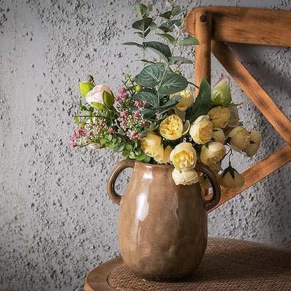 Kimdio Brown Ceramic Vase with 2 Handles, Modern Farmhouse Vases for Home Decor, Vintage Rustic Pottery Vase, Decorative Terracotta Vases, Clay Jug for Living Room Dining Table Shelf