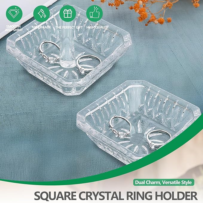 Clear Crystal Ring Holder Set of 2 Glass Jewelry Ring Dish Tray Decor for Engagement Wedding Party Gifts