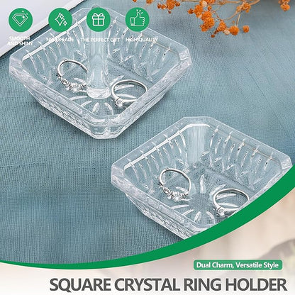 Clear Crystal Ring Holder Set of 2 Glass Jewelry Ring Dish Tray Decor for Engagement Wedding Party Gifts