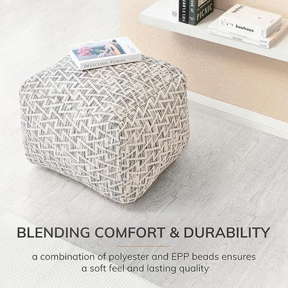 Anji Mountain 100% Handmade & Handcrafted Comfortable Home Décor Pouf Ottoman Footrest for Living Room, Bedroom, Nursery, Kidsroom, Patio Furniture - (22" x 22" x 16"- Black,Ivory)