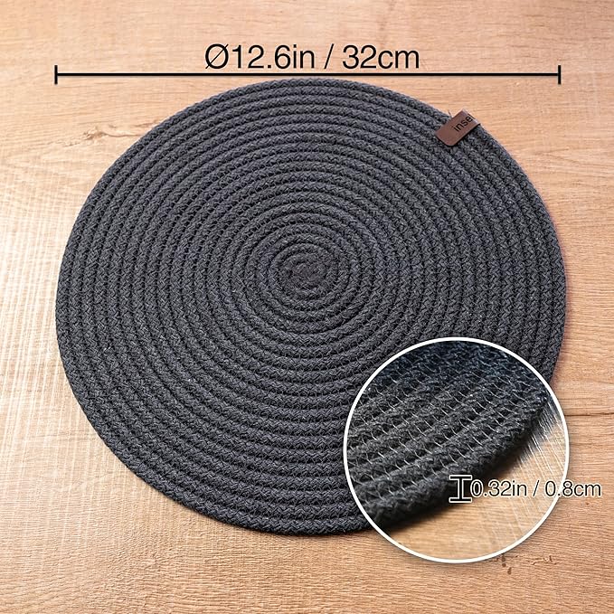 Round Placemats, Set of 6, Handmade by Braided Cotton Cord for Kitchen and Dining Table, Dia. 12.6 Inch, Doublesided, Heat Resistant, Dark Gray