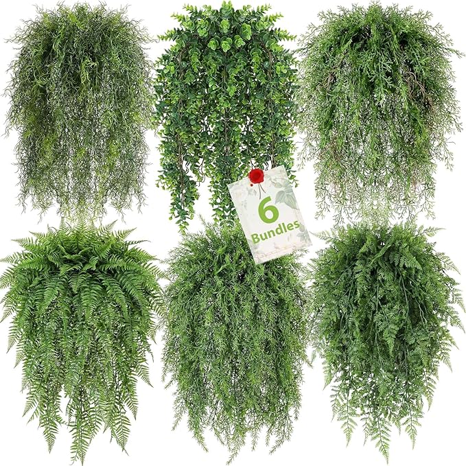 Dingion 6 Pack Artificial Hanging Plants for Forest Decorations 41.73 in Large Fake Greenery Plants Fake Persian Black Mondo Grass Eucalyptus for Home Wall Garden Indoor Outdoor Decoration