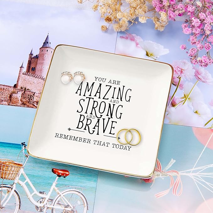 NZY Trinket Tray Ring Dish Jewelry Holder Gifts for Daughter,Niece,Granddaughter,Mom,Best Friend,Sister,Coworker,Nurse, Teacher,Wife,Grilfriend-You Are Amazing and Strong-Inspirational Gifts