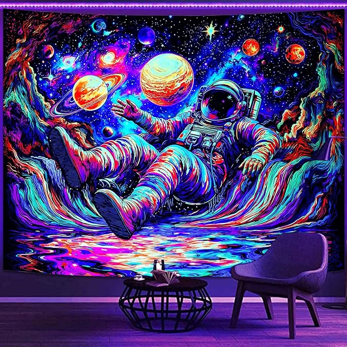 Blacklight Astronaut Tapestry Wall Hanging Space Galaxy Travel Funny Wander Tapestries for Bedroom Colorful Aesthetic Cool Wall Art for Guys Gamer Room Dorm Living Room (celestial bodies, 60''×44'')