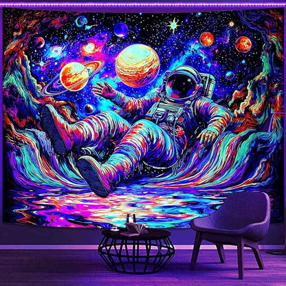 Blacklight Astronaut Tapestry Wall Hanging Space Galaxy Travel Funny Wander Tapestries for Bedroom Colorful Aesthetic Cool Wall Art for Guys Gamer Room Dorm Living Room (celestial bodies, 60''×44'')