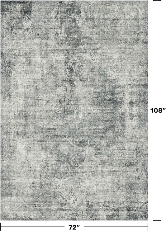 Vintage Dark Blue Rugs for Bedroom - 6x9 Distressed Print Pattern Large Area Rug for Living Room, Dining Room Under Table, Thin & Soft Washable Slate and Gray Décor