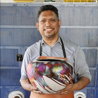 RAAQUU Koban 7 inch Raku Ceramic Clay Pottery Vase - Smoked Raku Raku Pottery with Water Tube Gifts for her mom, Boho, Wedding Gift, Home Decor