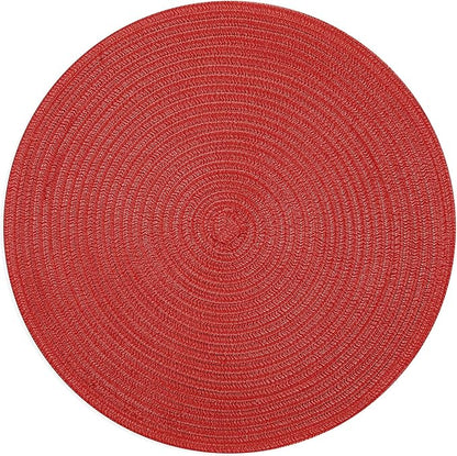 SHACOS Round Placemats Set of 4 Non Slip Washable Place Mats 15 inch Cotton Polyester Braided Placemat for Christmas Home Wedding Party Dining Table Decor (Red, 4)