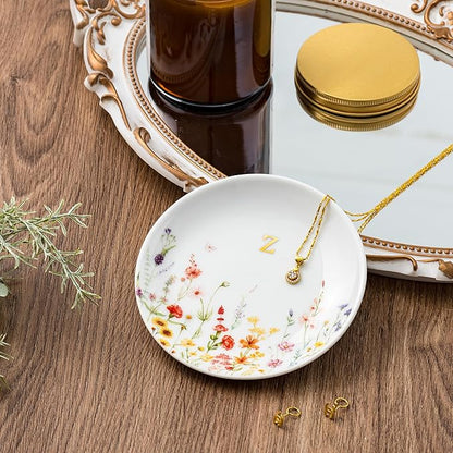 Crisky Initial Jewelry Tray Ring Dish & Gift Box, Ceramic Flower Trinket Dish for Rings Earrings Necklaces Keys, Bridal Shower Engagement Birthday Gift for Women, Friends 4.57" (Gold Foil Z