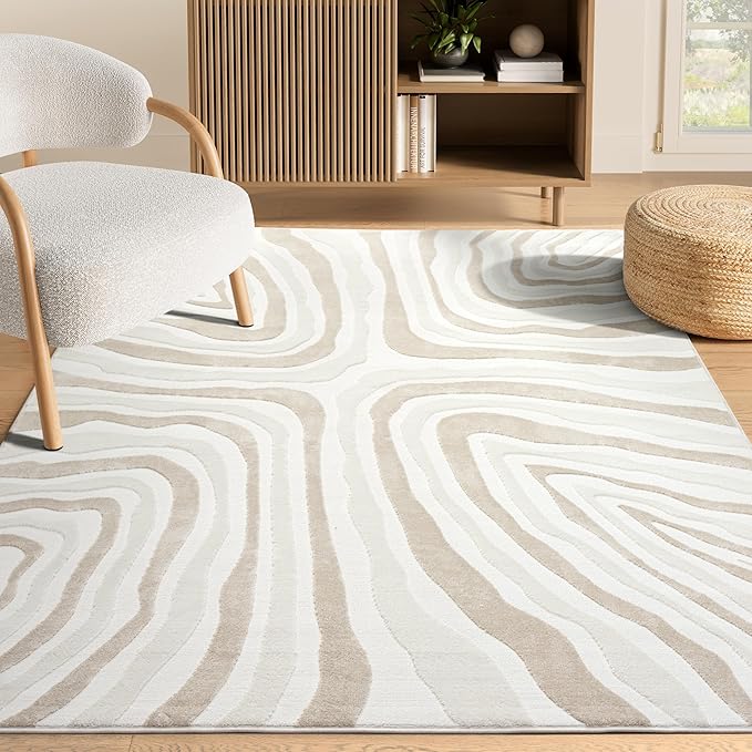 Abani Beige Area Rug - 6' x 9' - Living Room & Bedroom - Abstract Wave Design - Indoor Use - Easy to Clean, Stain Resistant, Non-Shedding - Neutral Collection