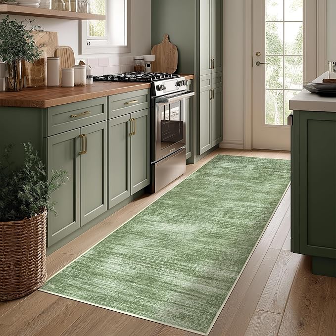 2x6 Runner Rug for Hallways Non Slip Washable Neutral Abstract Modern Olive Green Area Rug for Kitchen Laundry Room Dark Green Floor Covering Carpet 2 x 6
