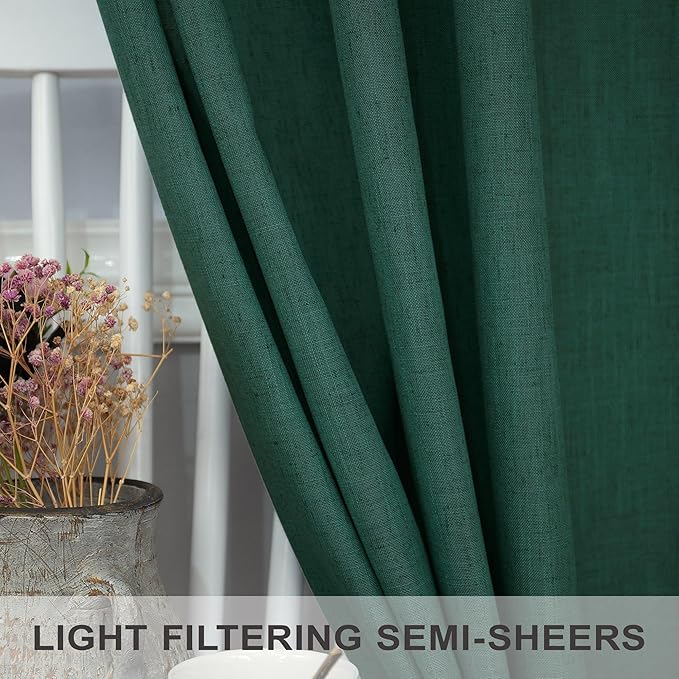 Dark Green Curtains 96 Inches Long for Living Room Dining 2 Panels Set Pocket Back Tab Forest Drape Semi Privacy Emerald Hunter Green Linen Curtains for Bedroom Bay Window Farmhouse Vintage Decor 8 FT