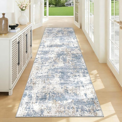 2.6x8 Runner Rug for Hallway, Washable Modern Abstract Runner Rugs Neutral Soft Non Slip Kids Rug Stain Resistant Indoor Runners for Hallways Entryway Bedroom Kitchen Laundry Room(Blue, 2'6''x8')