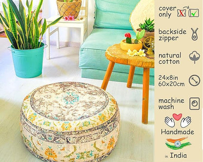 Mandala Life ART Bohemian Floor Cushion Cover Gray Round Meditation Pillow Case Boho Chic Pouf Ottoman Perfect Vintage Cushion for Living Room, Bedroom, Nursary or Children Room Cotton 24x8 Unstuffed