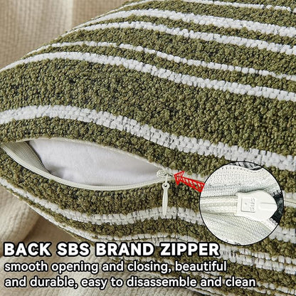 AmHoo Pack of 2 Textured Boucle Throw Pillow Covers Accent Striped Cozy Soft Decorative Couch Cushion Case for Chair Sofa Bedroom Living Room Home Decor 18 x 18-Inch Sage Green