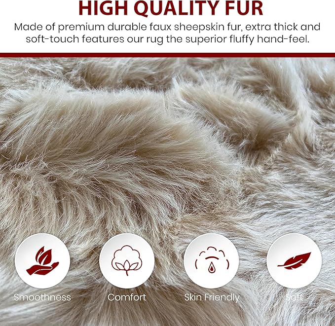 LAMBZY Faux Sheepskin Super Soft Hypoallergenic Silky Shag Rug for Living Room, Kids Room, Sofa (Quarto 4 Pelts 4'x6', Beige)