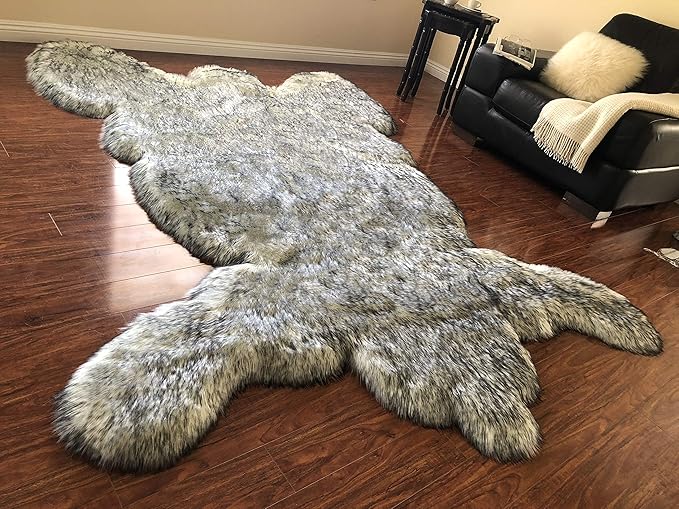 LAMBZY Faux Sheepskin Hypoallergenic,Super Soft Faux Bear Skin Silky Shag Rug (6'x9', White with Black Tips)