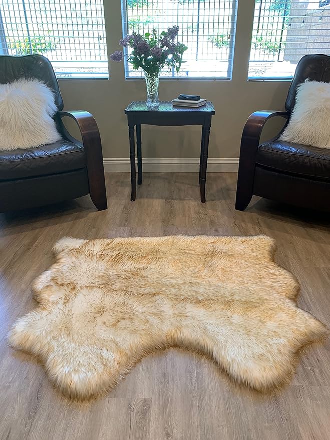 LAMBZY Faux Sheepskin Super Soft Hypoallergenic Silky Shag Rug for Living Room, Kids Room, Sofa (Double Side by Side 3'x4, White/Brown Tips)
