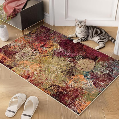 Arbosofe Modern Abstract Area Rug 2'x3' Washable Small Entry Rug, Short Pile with Non-Slip Backing Throw Rugs, Foldable Kitchen Bathroom Rugs, Small Rug with Abstract Pattern for Entryway Red Orange
